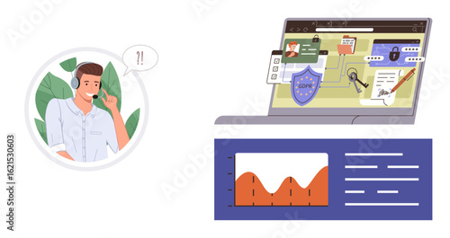 Male support agent with headset addressing concerns while laptop displays data security interface, graphs, and keys. Ideal for technology, communication, customer service, data protection