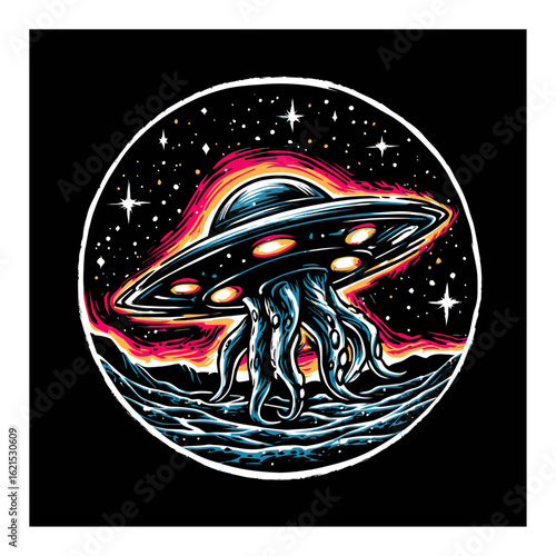 Alien Spaceship with Tentacles in Cosmic Background Illustrating Mystery