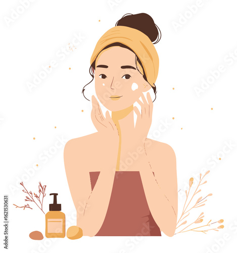 Woman Applying Skincare Products in a Clean and Simple Cartoon Style