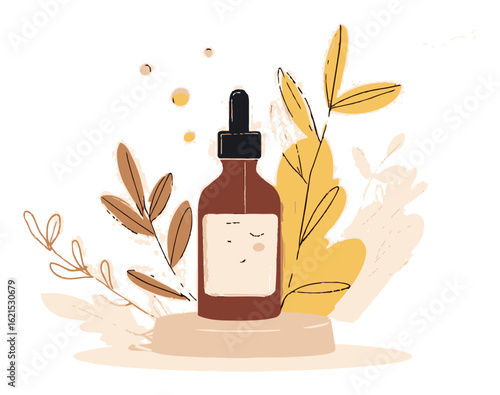 Cute Cartoon Bottle with Leaves and Natural Elements for Wellness Concept