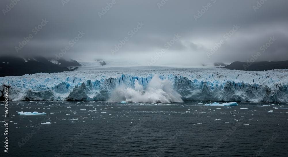 Naklejka premium Dramatic panoramic view of a massive glacier calving into the cold arctic ocean on an overcast day