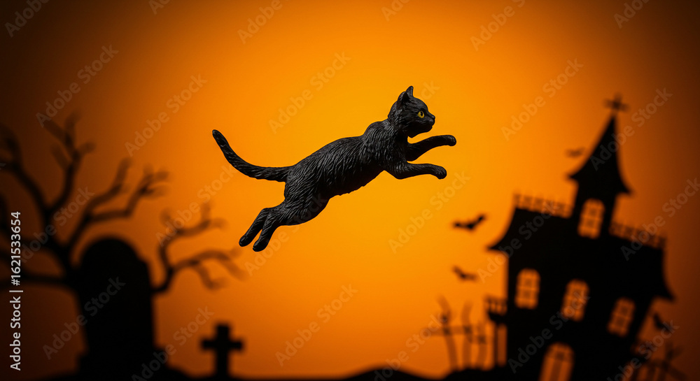 Fototapeta premium Halloween Black Cat Leaping Silhouette Against Orange Background - High-quality stock image for commercial use