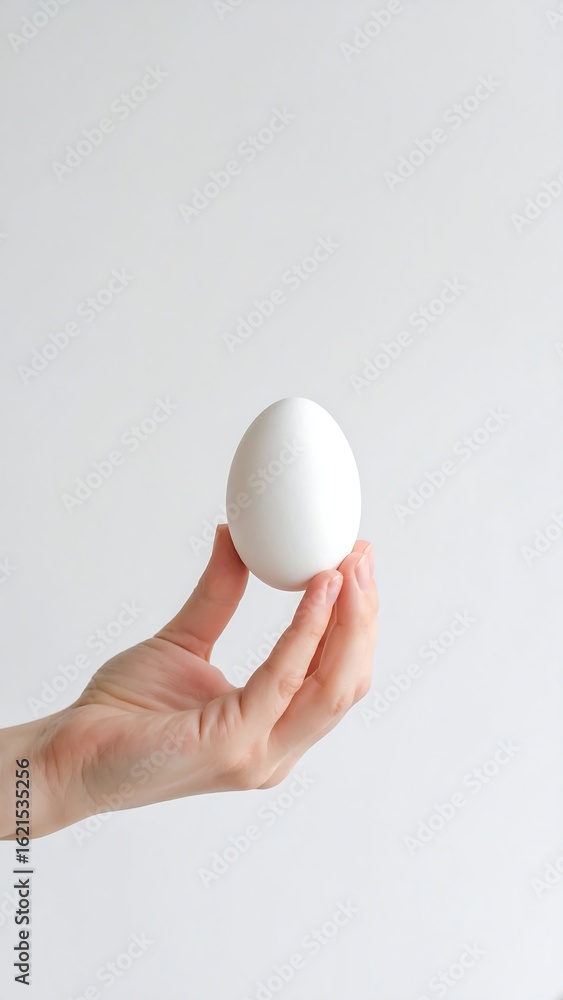 Hand holding a single egg against a plain white background Hand holding a single egg against a plain white background