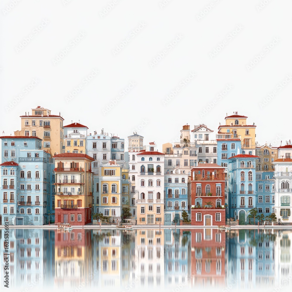 Fototapeta premium Colorful European waterfront city reflected, digital illustration. Possible use travel brochure