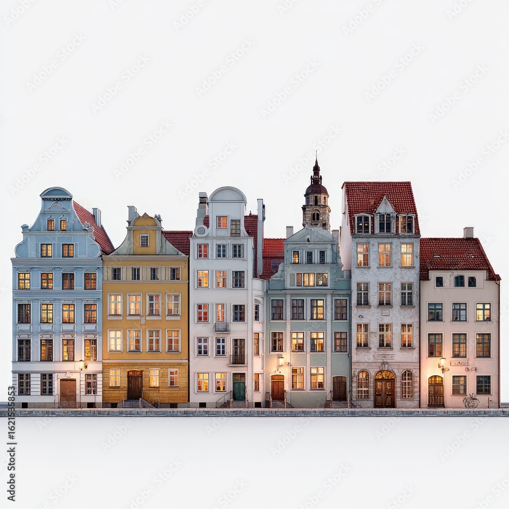 Fototapeta premium European Townhouses Evening, Snow. Stock