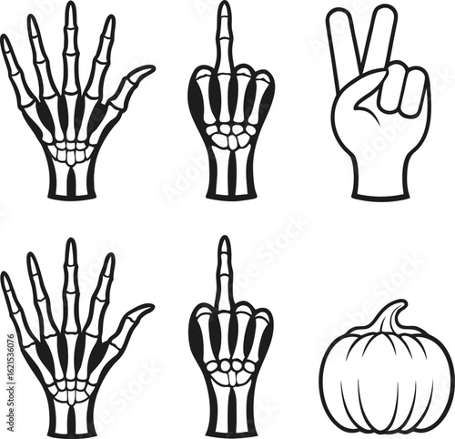 Skeleton hands making gestures and a halloween pumpkin