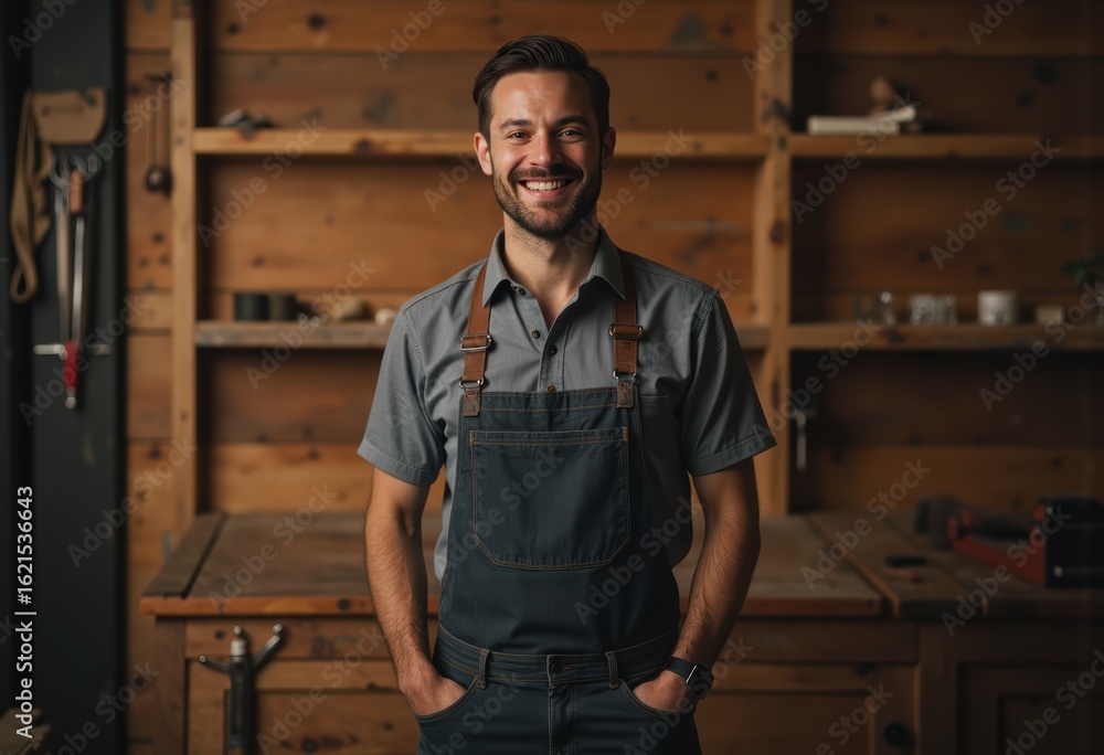 Smiling craftsman in apron standing confidently in a woodworking shop Smiling craftsman in apron standing confidently in a woodworking shop