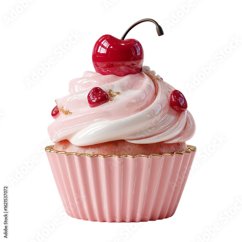 3d pink cupcake with cherry topping isolated on transparent background 