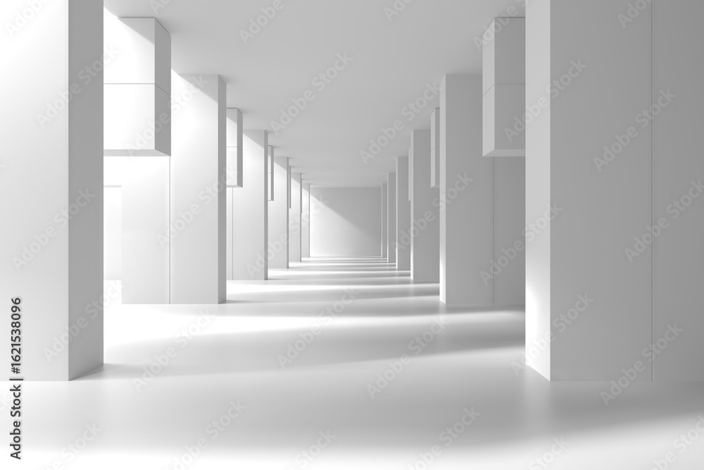 Fototapeta premium Modern architectural hallway with symmetrical columns and shadows. 3d render