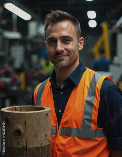 Rotational molding operator smiling while holding a hollow container
