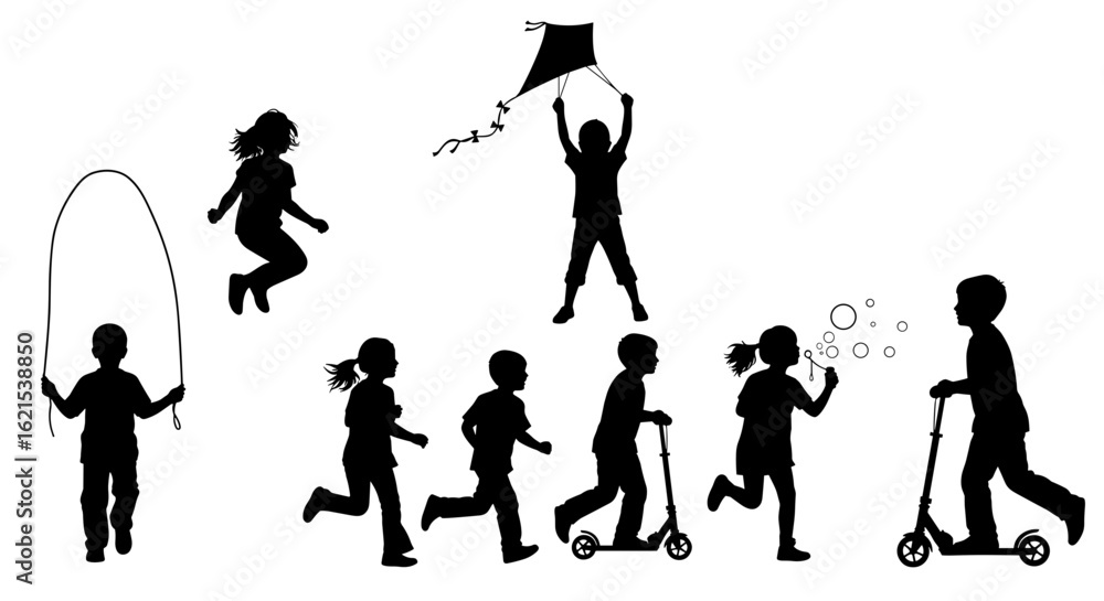 Naklejka premium Silhouette vector art of children playing with kite jumping rope bubbles and scooters outdoor activities image on transparent background