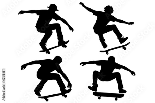 Skateboarders silhouettes doing tricks extreme sports skateboarding action vector illustration graphic design on transparent background