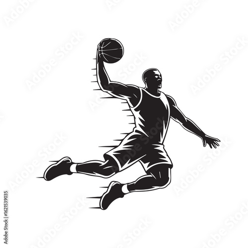 Dynamic silhouette of a basketball player performing a slam dunk, showcasing athleticism, skill, and power, isolated on white background perfect for sports and fitness designs