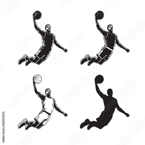 Basketball player slam dunking the ball in a dynamic action pose isolated on white background vector illustration of a basketball player in silhouette style for sports design