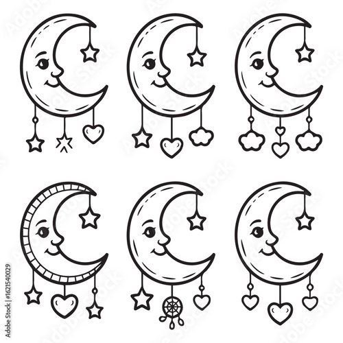 A set of adorable crescent moons with cute faces and dangling stars, perfect for babythemed designs and dreamy illustrations, isolated on white background