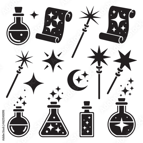 A captivating collection of magical icons isolated on white background, featuring potions, scrolls, wands, stars, and moons, perfect for adding a touch of enchantment to your designs