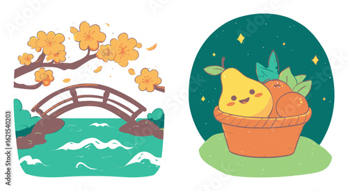 Vibrant Nature and Fruit Illustration Featuring Bridge and Basket Design