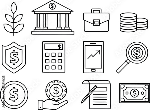 Financial icons plant bank briefcase coins shield calculator phone magnifying glass coin hand paper money