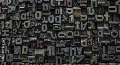 Vintage letterpress printing blocks with letters and numbers, typography on transparent background