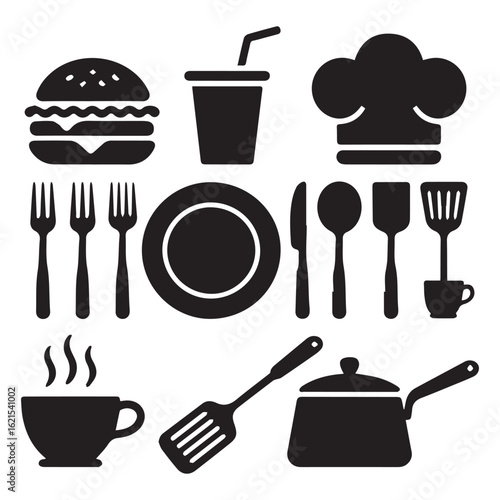 Collection of food and kitchen icons isolated on white background, featuring burger, soda, chef hat, fork, plate, knife, spoon, spatula, cup, coffee and pan for restaurant and cooking themes
