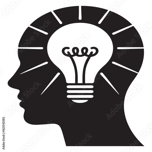 Black and white vector illustration of a head silhouette with a light bulb inside, symbolizing ideas, innovation, and creative thinking isolated on white background
