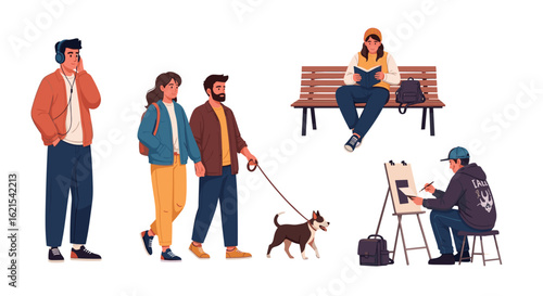 Illustration of people enjoying outdoor activities in a park setting with dog and artist drawing on transparent background