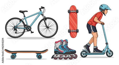 Explore outdoor activities with bike skateboard scooter and roller skates for summer fun and recreation on transparent background