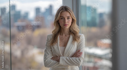 Confident woman in a blazer stands arms crossed, looking at the camera with a city view through a window in the background Free Download Confident woman in a blazer stands arms crossed, looking at the camera with a city view through a window in the background - GFXLoad