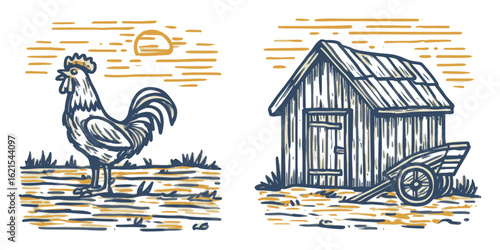 Vintage Style Rooster and Barnhouse Illustration for Farm and Country Designs