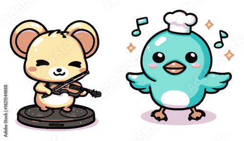 Cute Animal Characters Playing Music with Smiles and Joyful Expressions