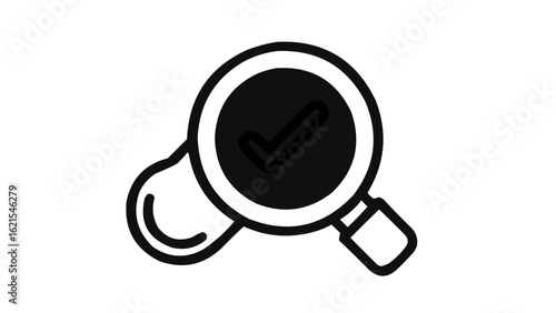 A magnifying glass with a check mark inside it indicating confirmation or verification process is complete