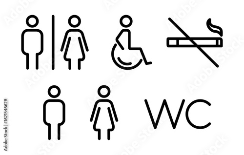 Set of toilet outline icon showing symbols for male, female, and disabled toilets. Includes WC and no smoking sign. Simple outline vector illustration for restroom signage and UI design.