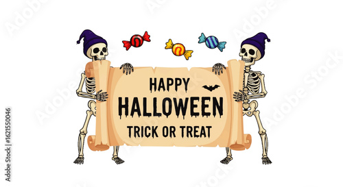 Two Skeletons Holding a "Happy Halloween Trick or Treat" Scroll with Candies