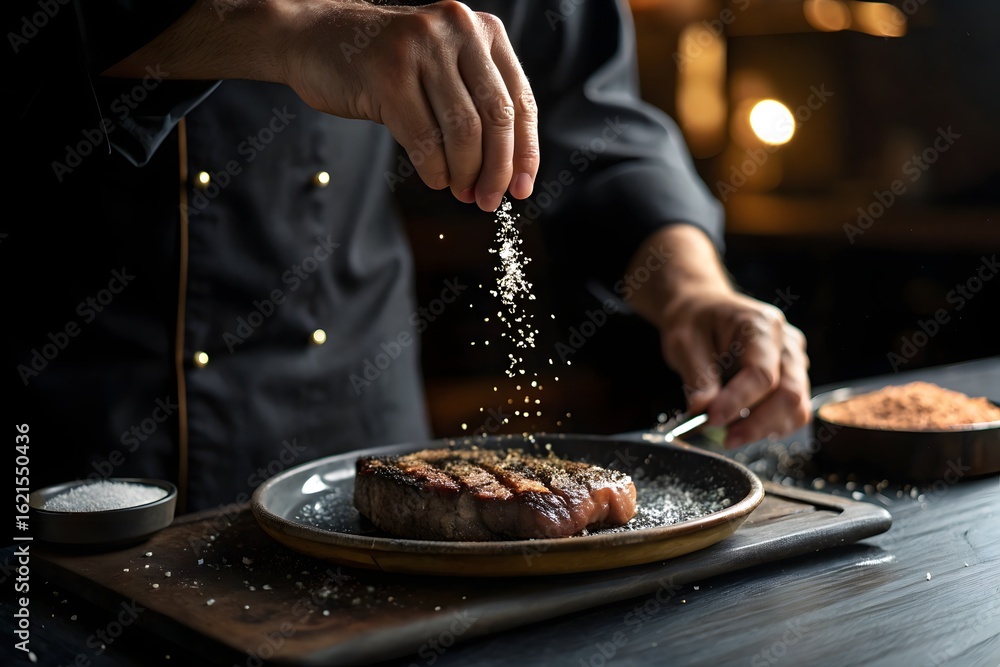 3D rendered cinematic shot of hands sprinkling salt over a sizzling steak, dramatic side lighting
3D rendered cinematic shot of hands sprinkling salt over a sizzling steak, dramatic side lighting