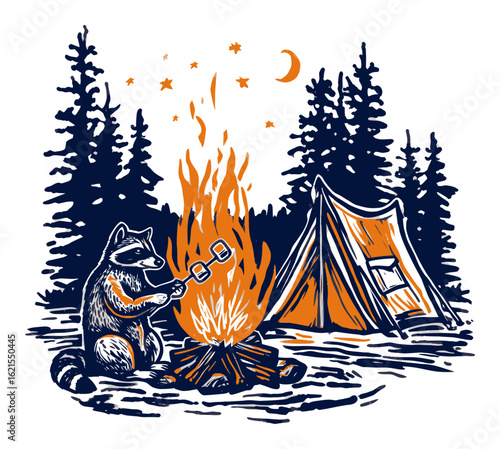 Raccoon Enjoying Campfire Under Starry Sky with Tent in Forest Setting