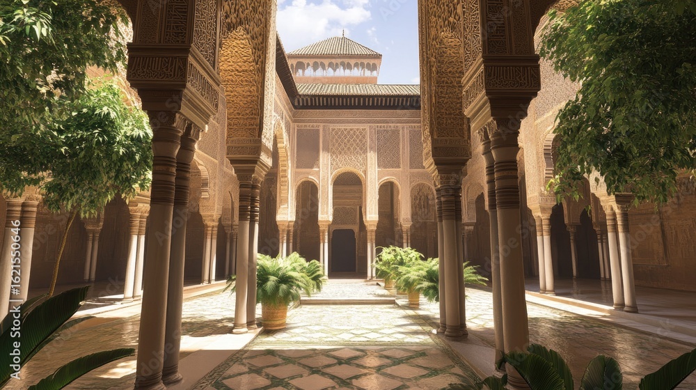 Fototapeta premium Palace Courtyard: Alhambra-esque Architecture in Sunlight