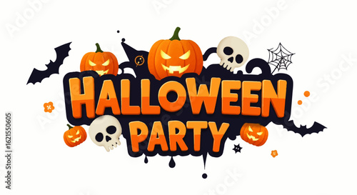 Spooky Halloween Party lettering with glowing jack-o'-lanterns, cartoon skulls, and bat silhouettes.
