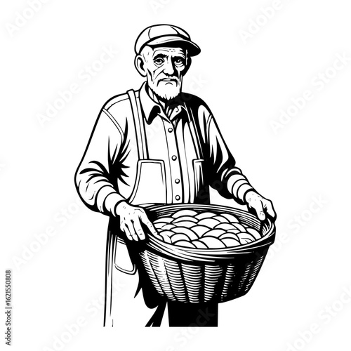 old man farmer carrying a basket of potatoes	vector hand drawing, isolated on transparent background.