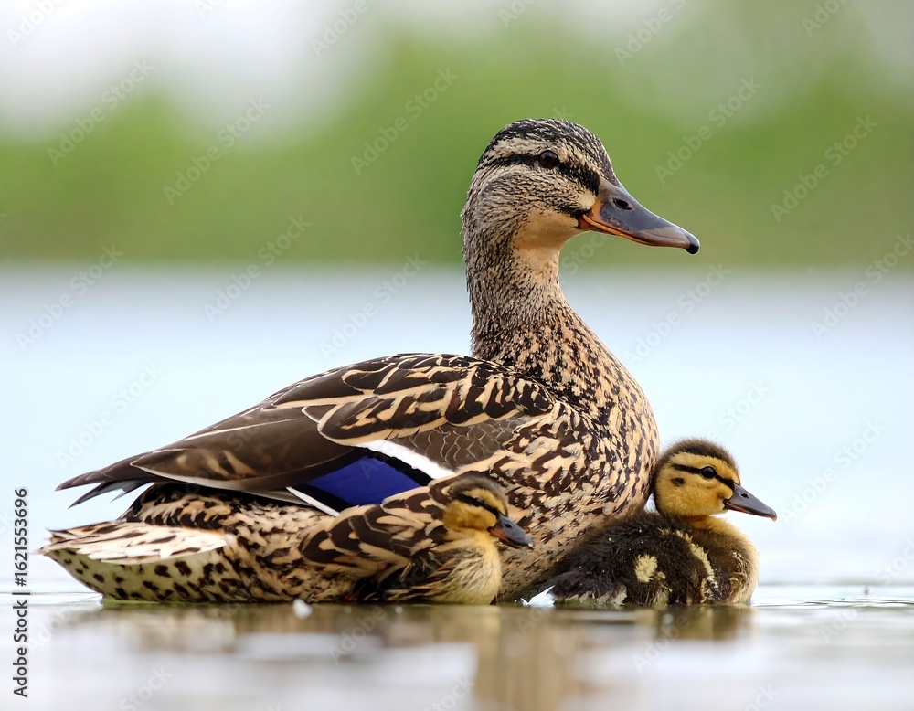 Fototapeta premium Mother duck and ducklings on water (1)