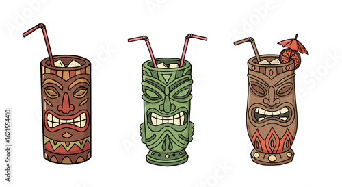 Set of tiki mugs with colorful designs for tropical cocktails on transparent background
