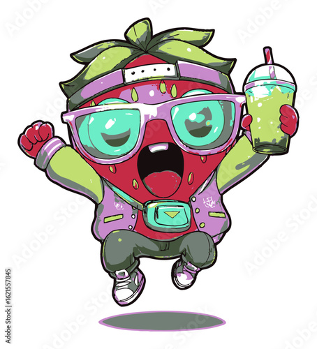 Cheerful Cartoon Strawberry Character with Drink in Colorful Outfit