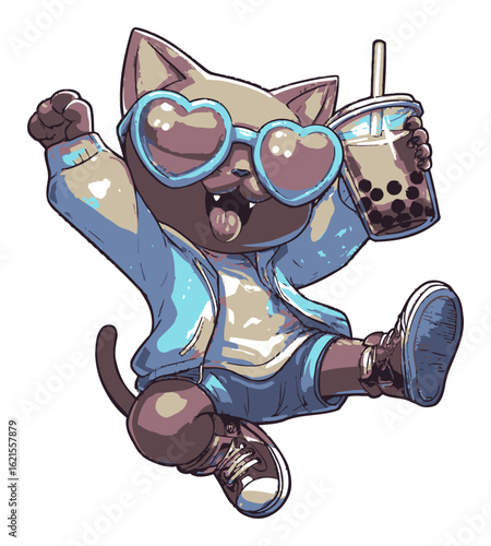 Playful Cartoon Cat Character Enjoying Boba Tea with Stylish Sunglasses