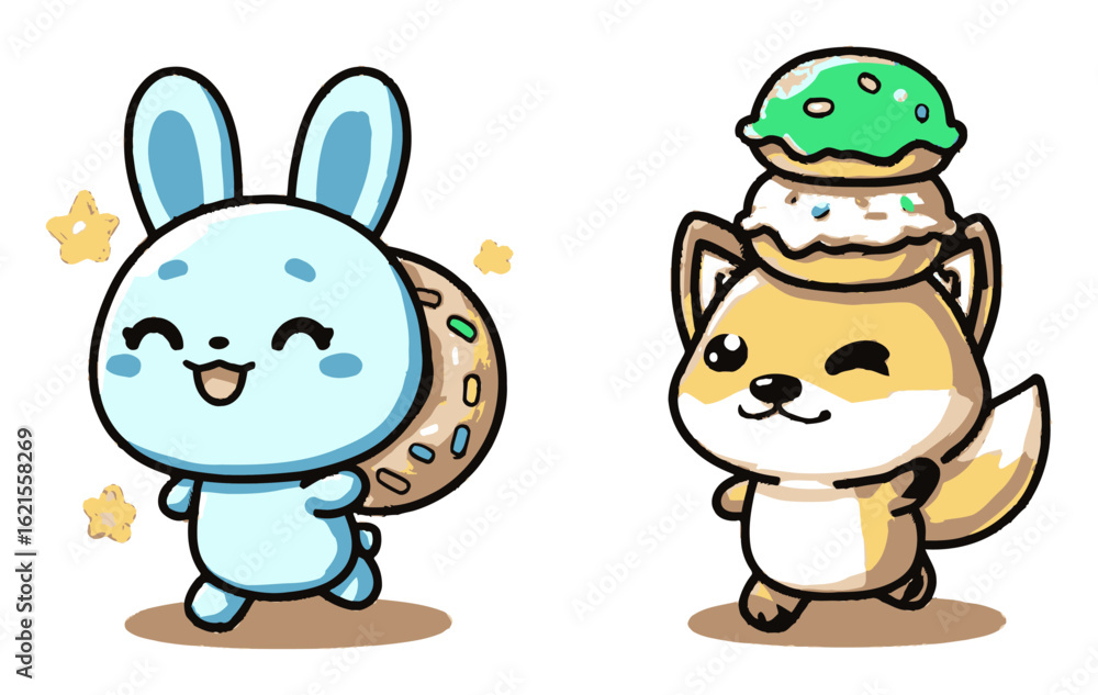 Obraz premium Cute Cartoon Bunny and Fox Characters with Sweet Treats on a White Background