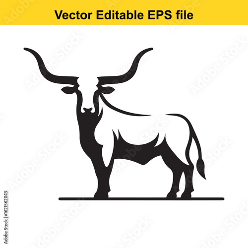 Vector art of black and white illustration of a Texas longhorn bull isolated on a white background