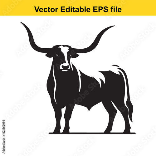 Vector art of black and white illustration of a Texas longhorn bull isolated on a white background