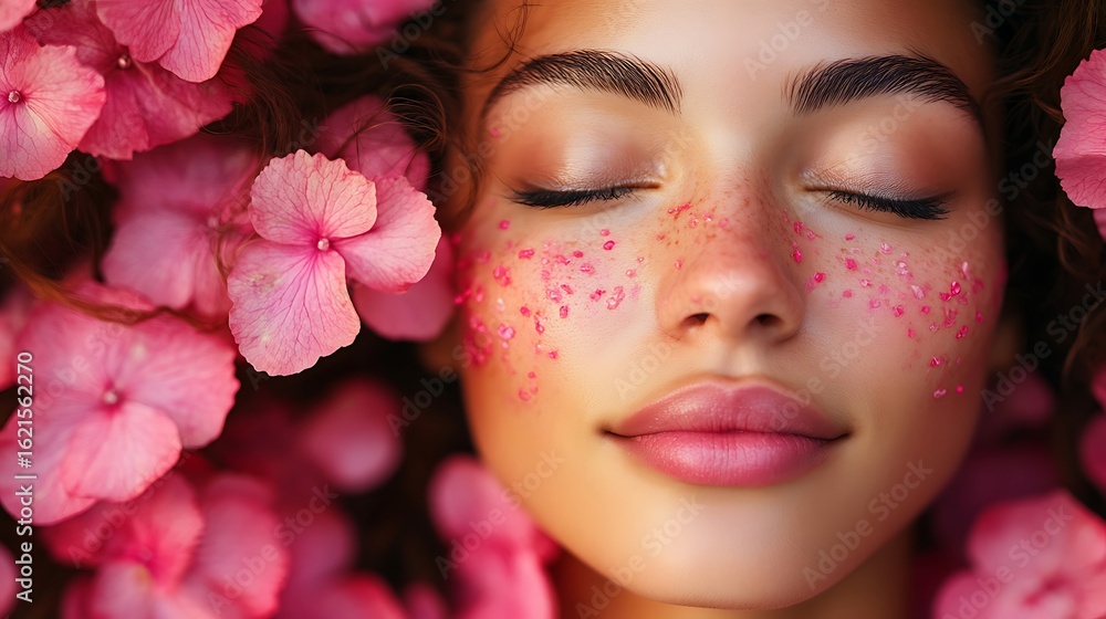 Woman with pink freckles and flowers, eyes closed in peaceful expression. Dreamy floral portrait with soft lighting. Natural beauty and romantic serenity. Kiss Day tenderness Woman with pink freckles and flowers, eyes closed in peaceful expression. Dreamy floral portrait with soft lighting. Natural beauty and romantic serenity. Kiss Day tenderness