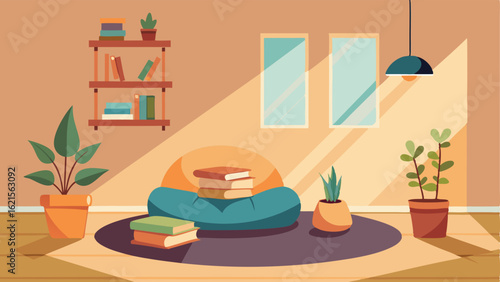 A sunlit reading nook with a plush floor cushion a few wellloved books and a hanging plant.