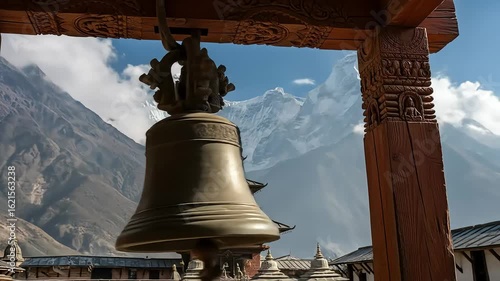 Wallpaper Mural Ornate Bronze Bell and Temple Structure against Snowy Mountain Backdrop in Nepal Torontodigital.ca