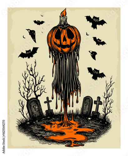 Spooky Halloween Pumpkin Scene with Dripping Candle and Eerie Atmosphere