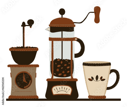Vintage Coffee Grinder and French Press with Coffee Cup Illustration
